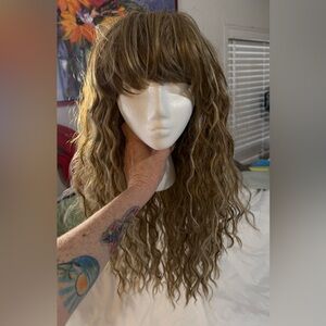 Blonde spiral perm wig with bangs